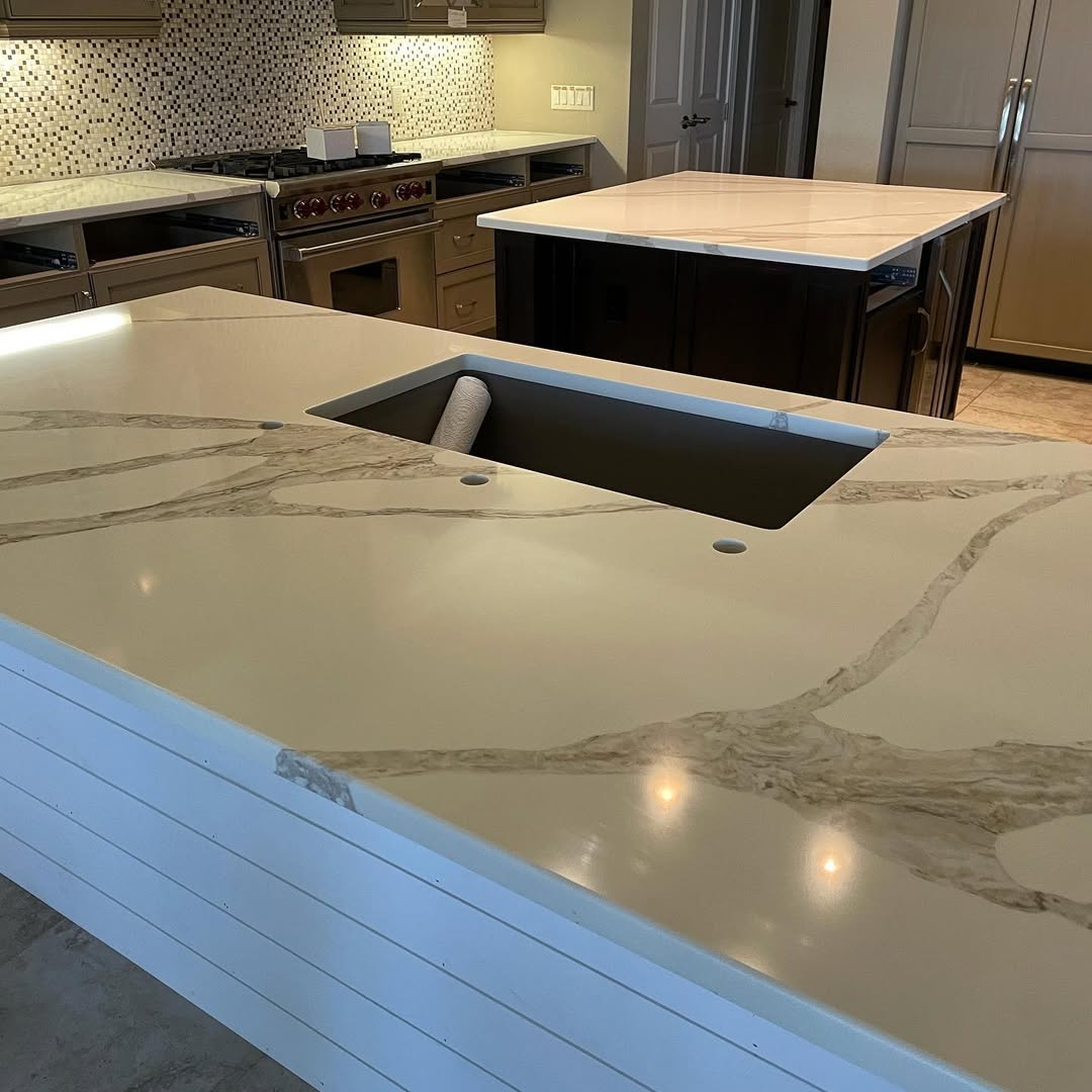 White Marble Dual Kitchen Islands